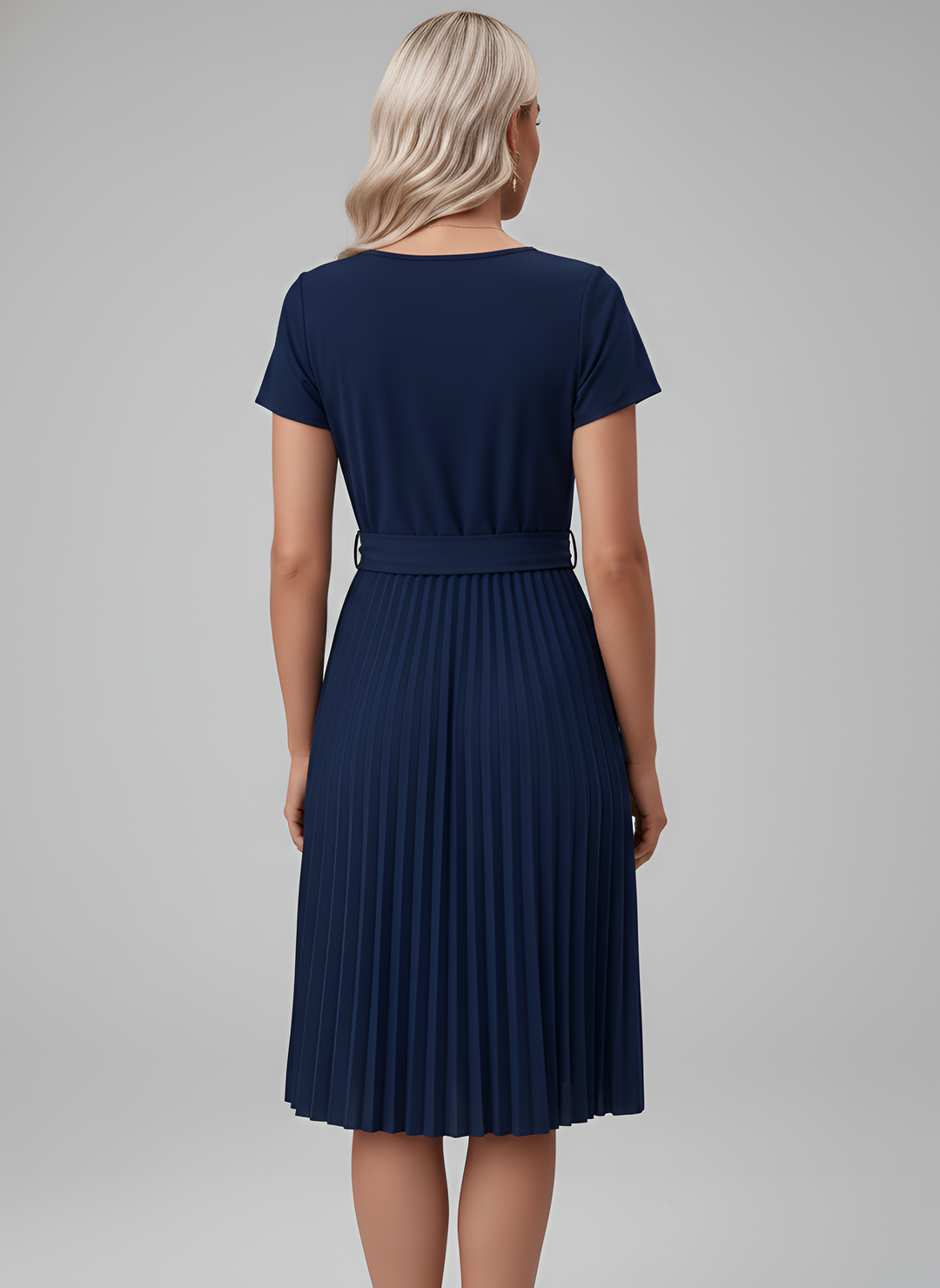 Classic women's pleated midi dress with short sleeves & belt. A chic choice for any casual or professional setting.