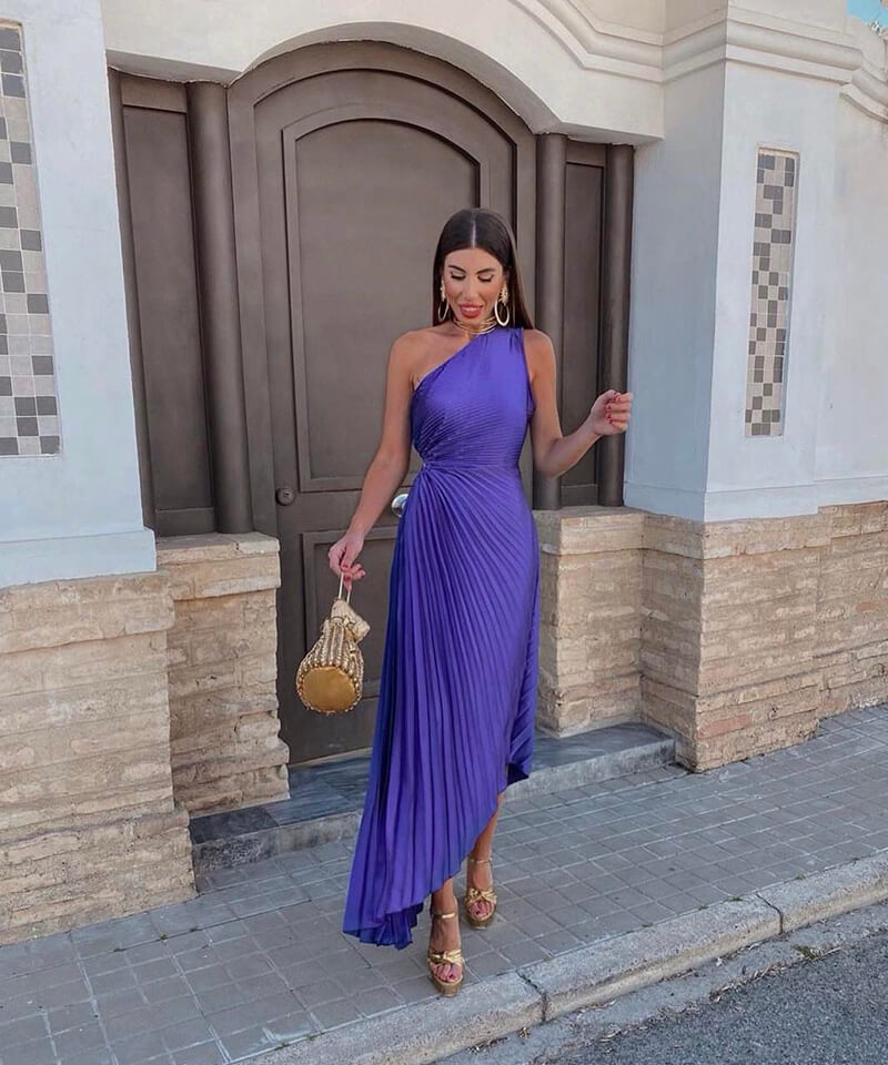 Elegant women's pleated one-shoulder maxi dress, perfect for wedding guests or formal evening events.