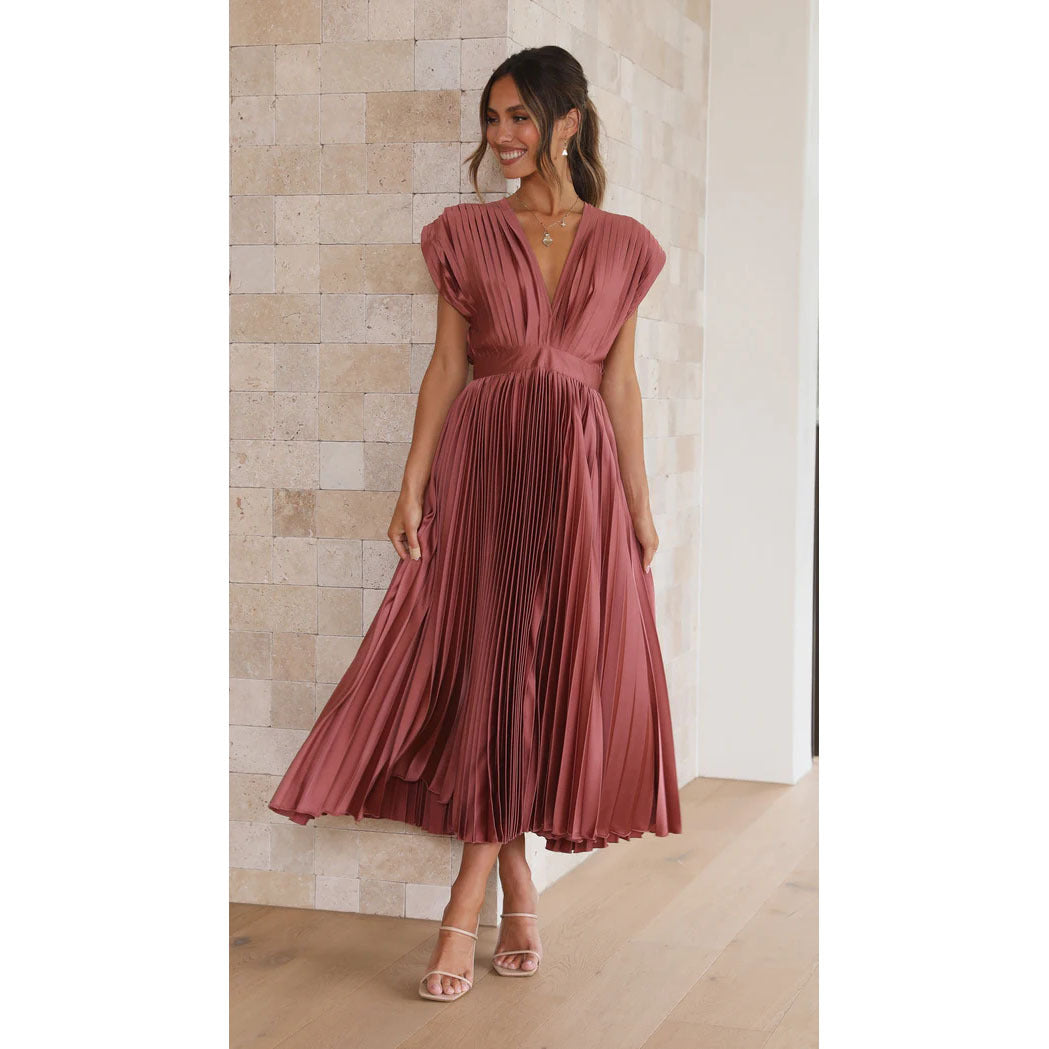 Women's V-neck midi dress featuring elegant pleats, a flared skirt, and comfortable, stylish design.