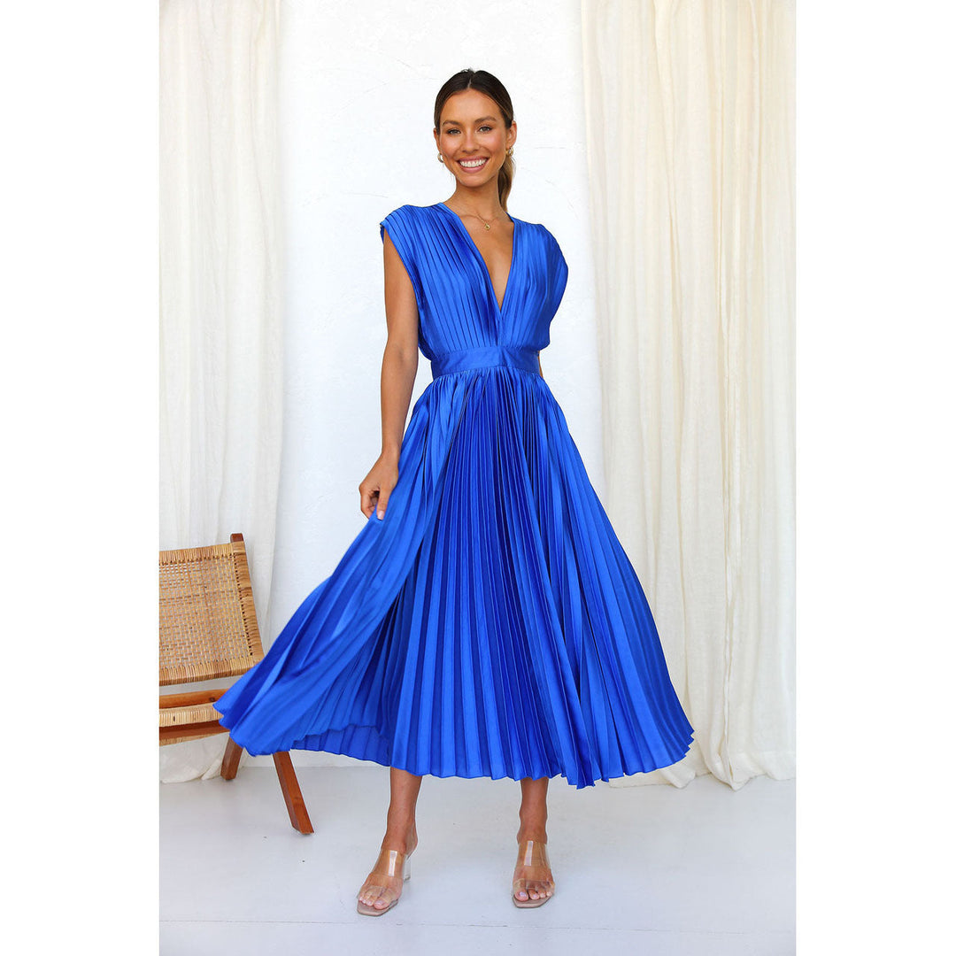 Elegant women's V-neck midi dress with beautiful pleats. A comfortable, stylish choice for summer occasion wear.