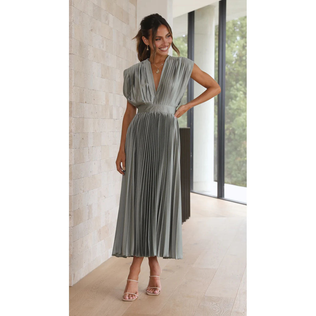 Flattering women's midi dress with a V-neck and stylish pleats. Great for summer fashion and elegant versatility.
