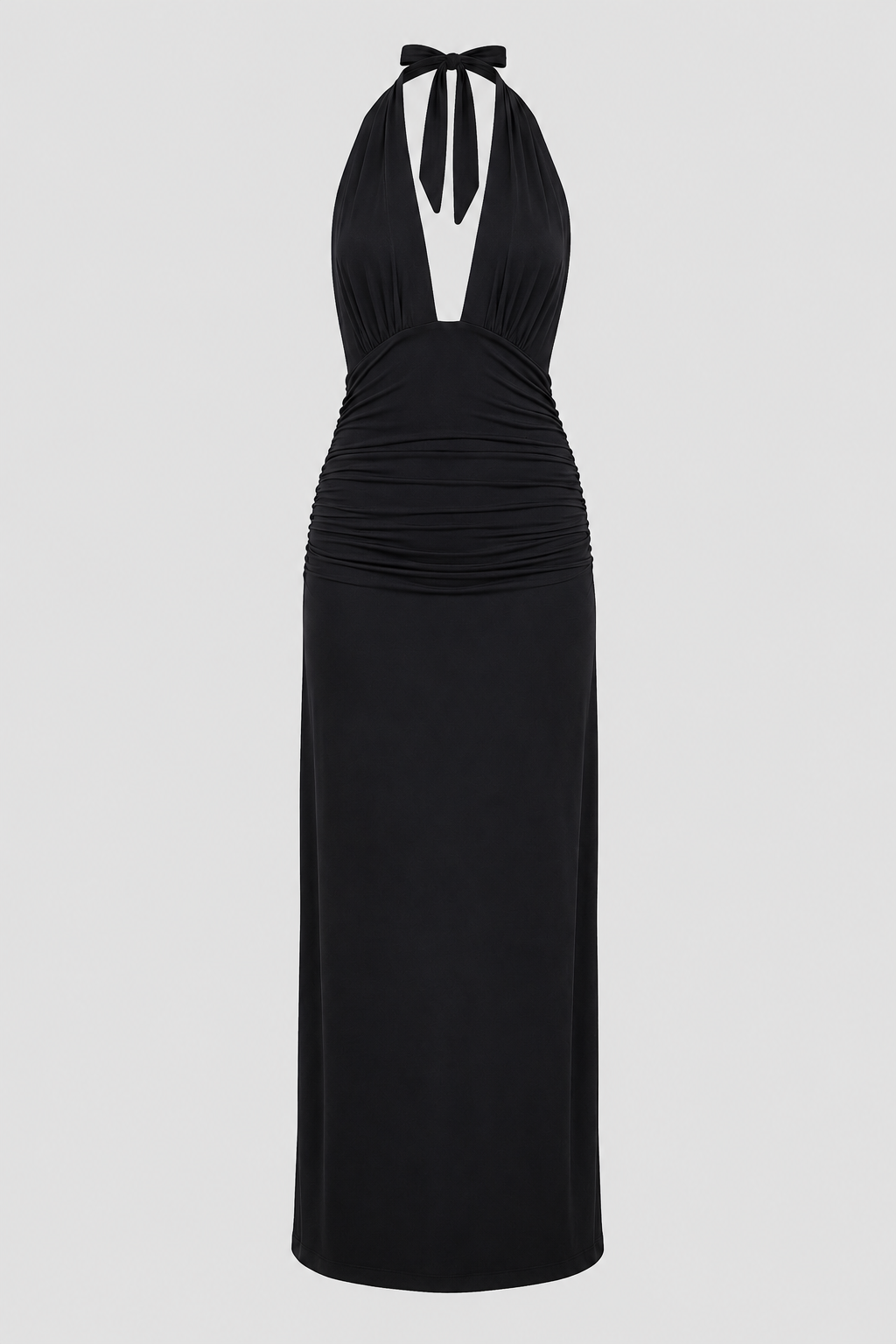 Elegant women's plunge halter maxi dress. Perfect open-back gown for special occasions & formal events.