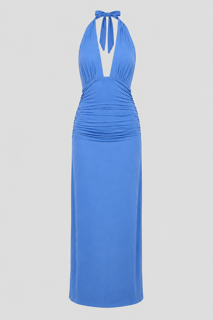 Women's stunning open-back plunge halter maxi dress. An elegant long gown suitable for formal evening events.