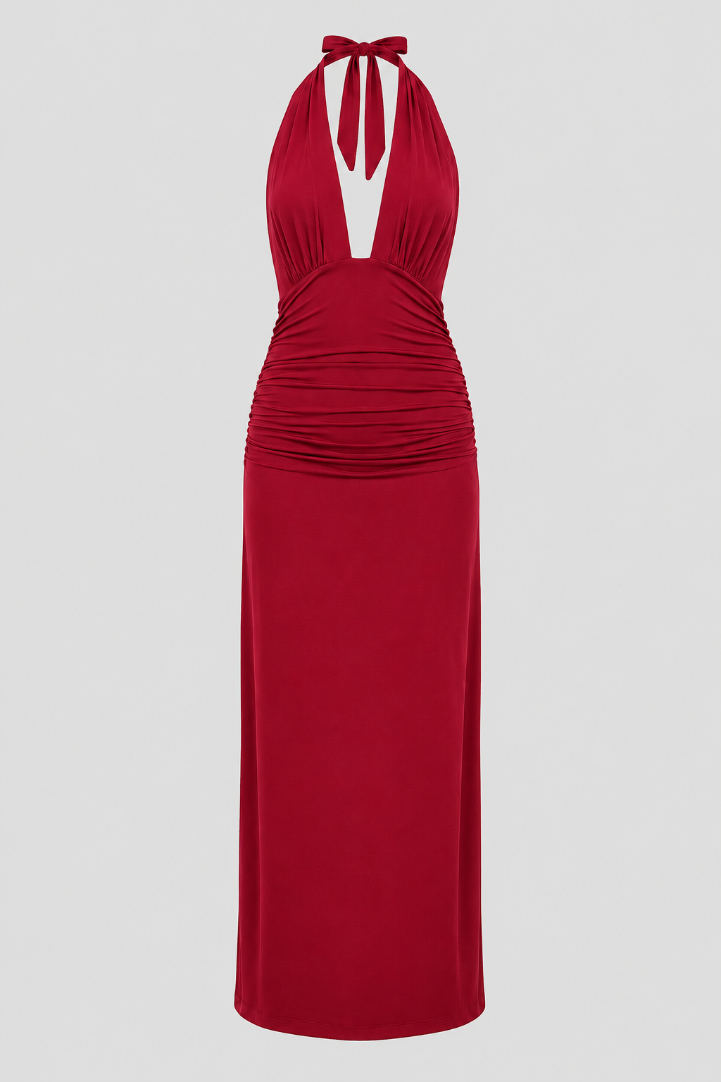 Chic women's elegant long halter dress with a deep plunge neck & alluring open back. Perfect for evening parties.