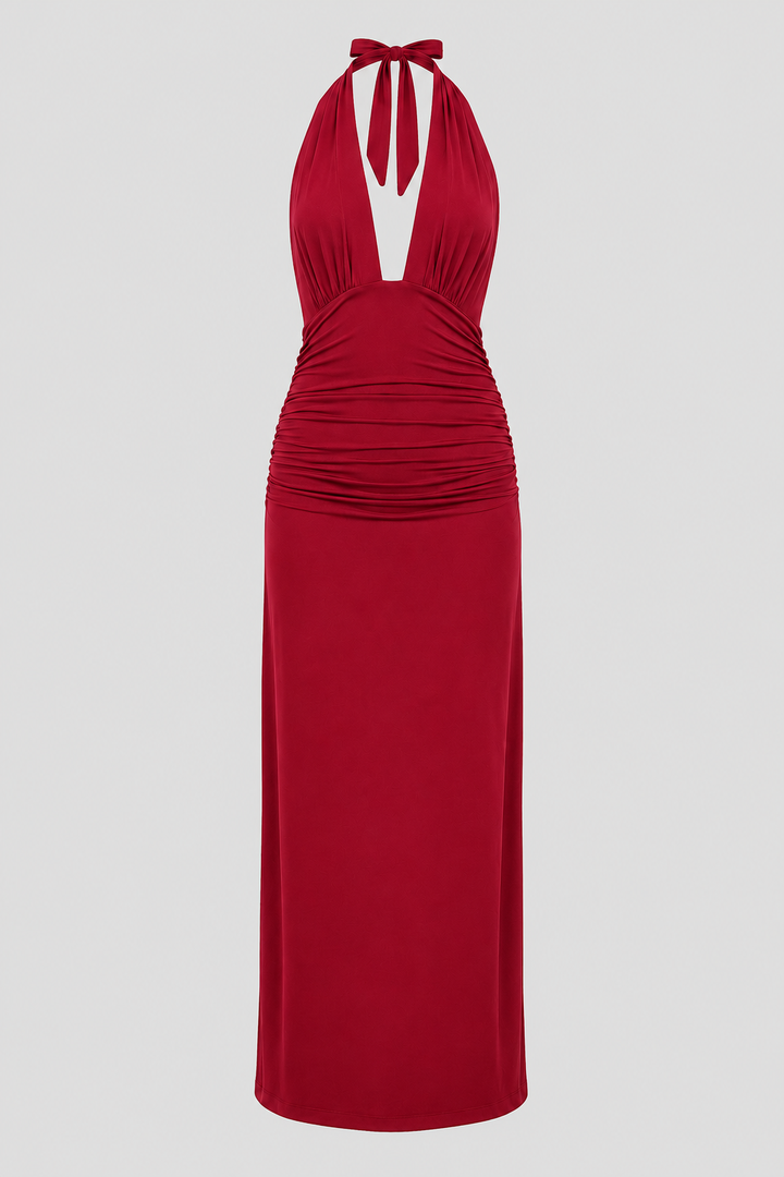 Chic women's elegant long halter dress with a deep plunge neck & alluring open back. Perfect for evening parties.