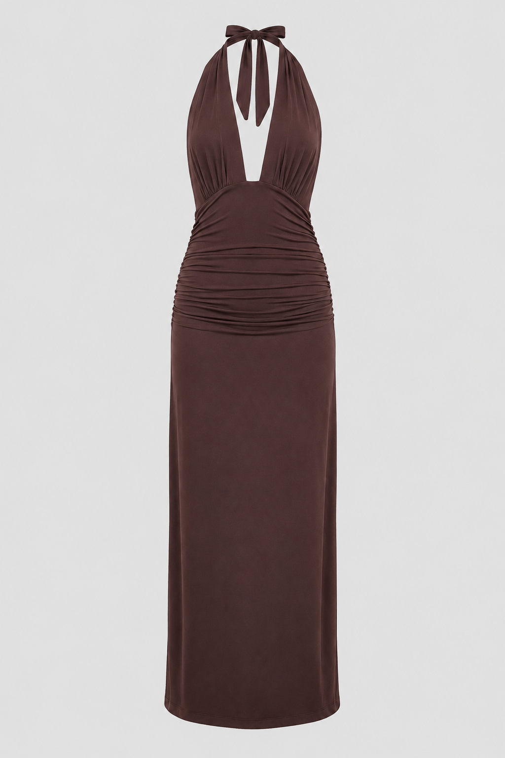 Graceful women's plunge halter long dress. An elegant open-back maxi gown for formal events & party wear.