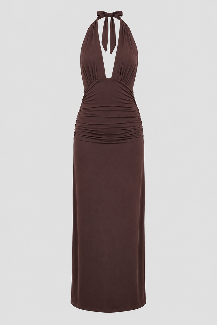 Graceful women's plunge halter long dress. An elegant open-back maxi gown for formal events & party wear.