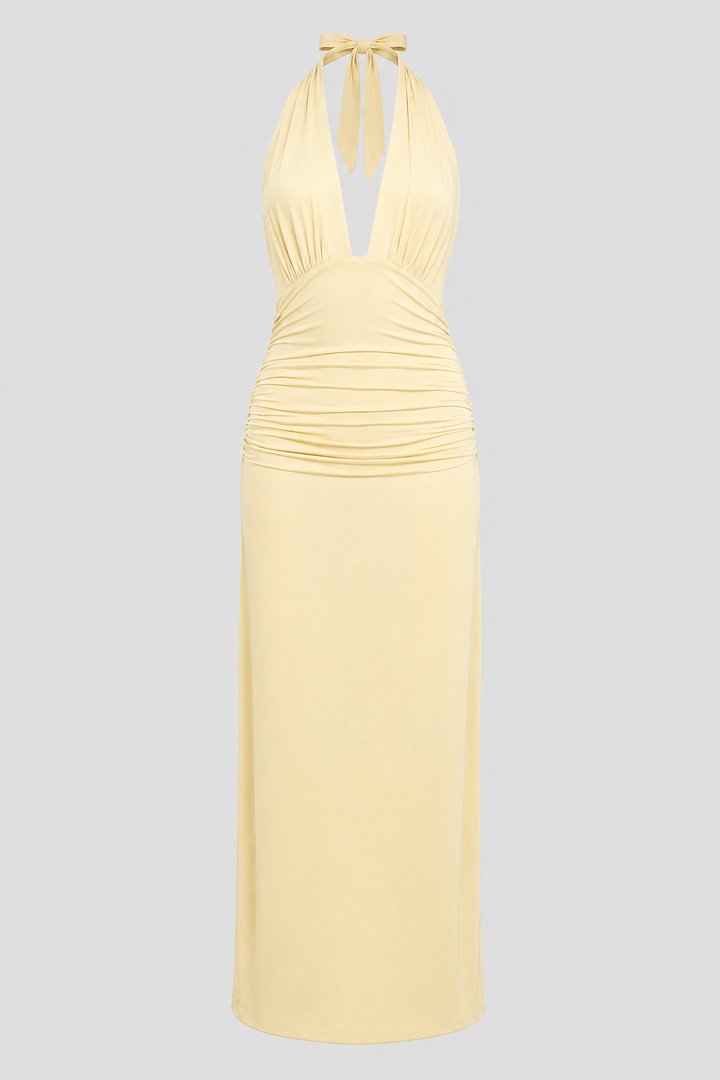 Beautiful women's elegant plunge halter maxi dress. This open-back gown is perfect formal wear for special events.
