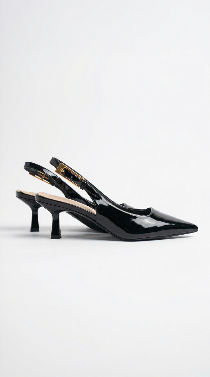 Chic ladies pointed toe slingback pumps with a comfortable kitten heel for fashion & parties.