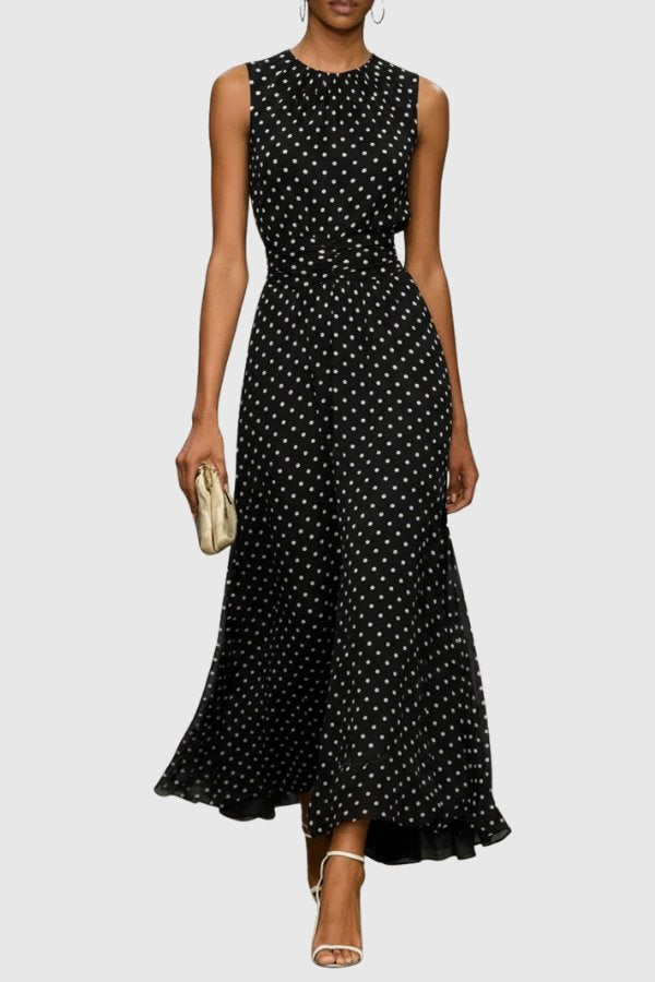 Summer party and wedding guest elegant polka dot maxi dress for women, featuring a graceful ruffle hem.