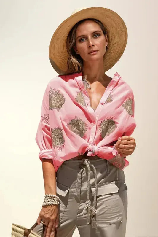 Relaxed fit women's printed blouse, a stylish & comfortable top for everyday women's fashion. Elegant shirt.