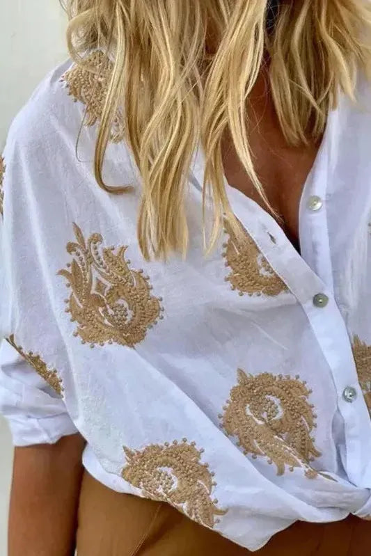 Chic women's printed blouse, an elegant & comfortable top for work, office, or casual fashion. Stylish shirt.
