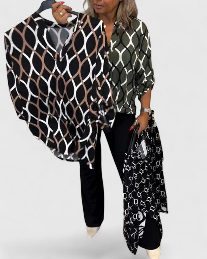 Women's casual chic printed top with three-quarter sleeves, an elegant and comfortable fashion blouse.