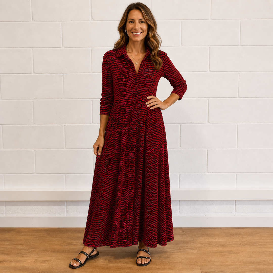 Casual yet elegant women's long sleeve printed maxi dress. Features a stylish button-front and classic collar.