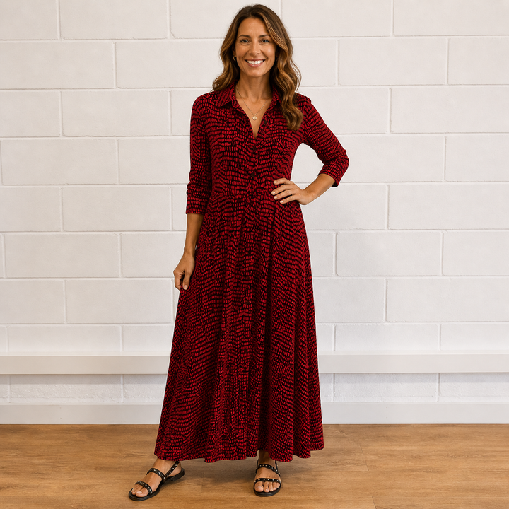 Casual yet elegant women's long sleeve printed maxi dress. Features a stylish button-front and classic collar.
