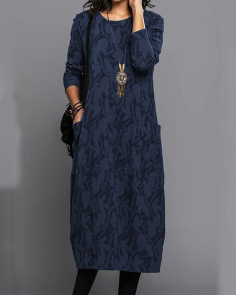 Chic women's fall midi dress, long-sleeve with a stylish print & deep pockets for everyday elegance.