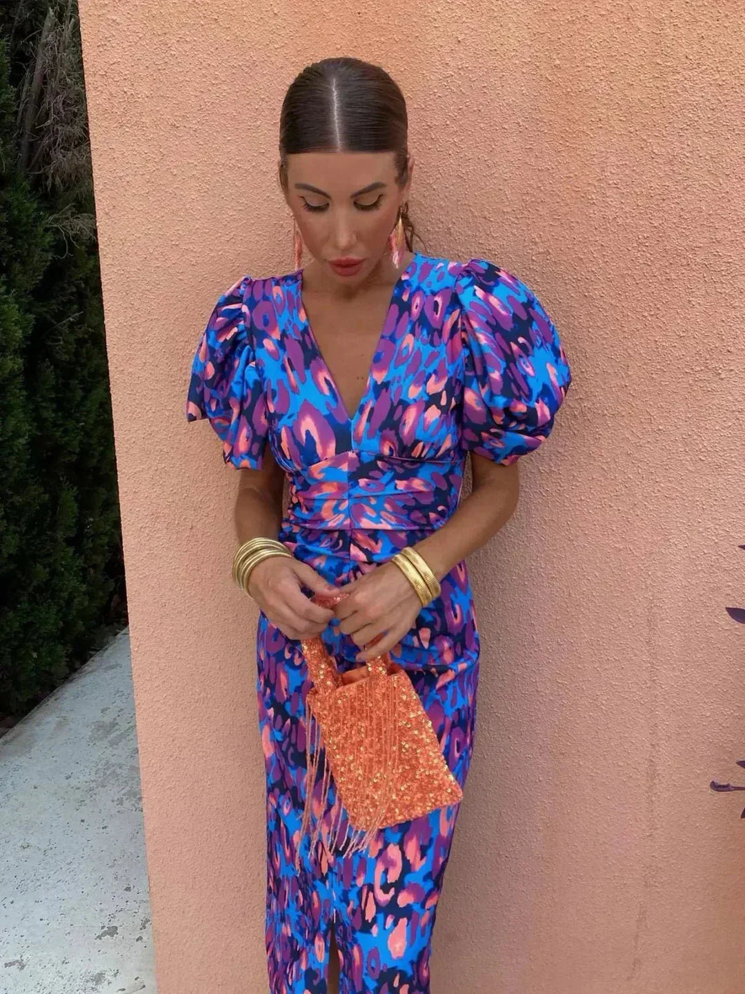 Chic women's puff sleeve V-neck maxi dress with elegant abstract print. Perfect for wedding guests & evening wear.