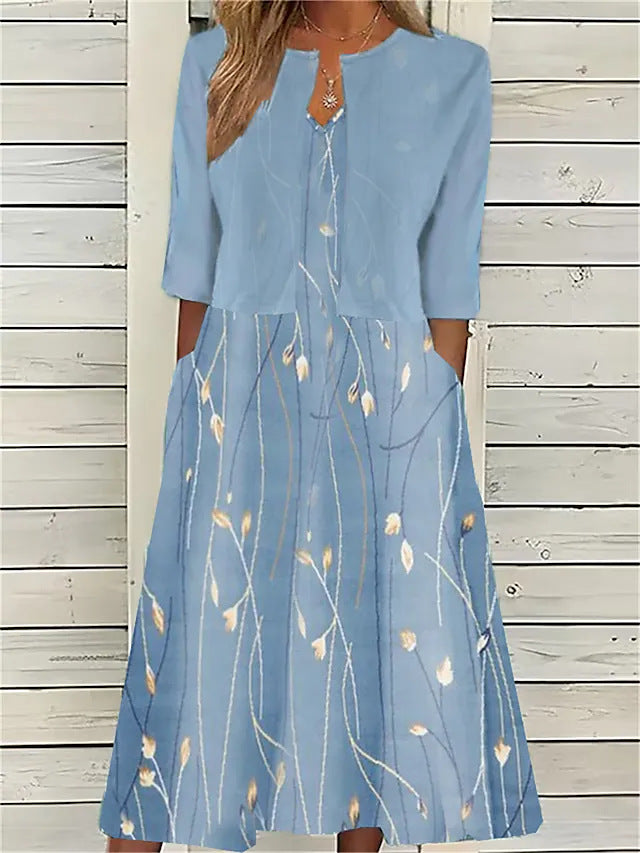 Elegant women's printed midi dress & matching 3/4 sleeve cover-up set. Versatile two-piece for spring/summer.
