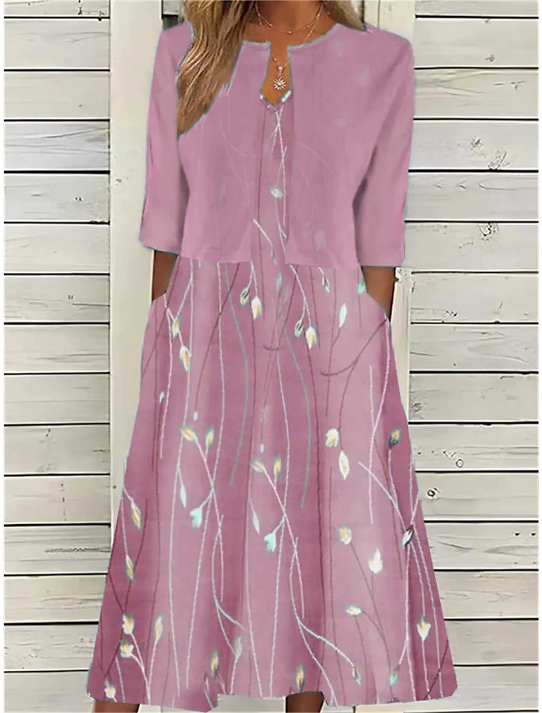 Chic women's two-piece: printed midi dress with 3/4 sleeve cover-up, available in blue/pink. Ideal for occasions.