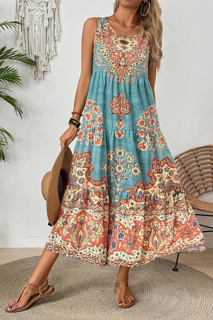 Elegant women's printed midi dress with a flattering, flowy A-line fit, perfect for versatile occasion wear.