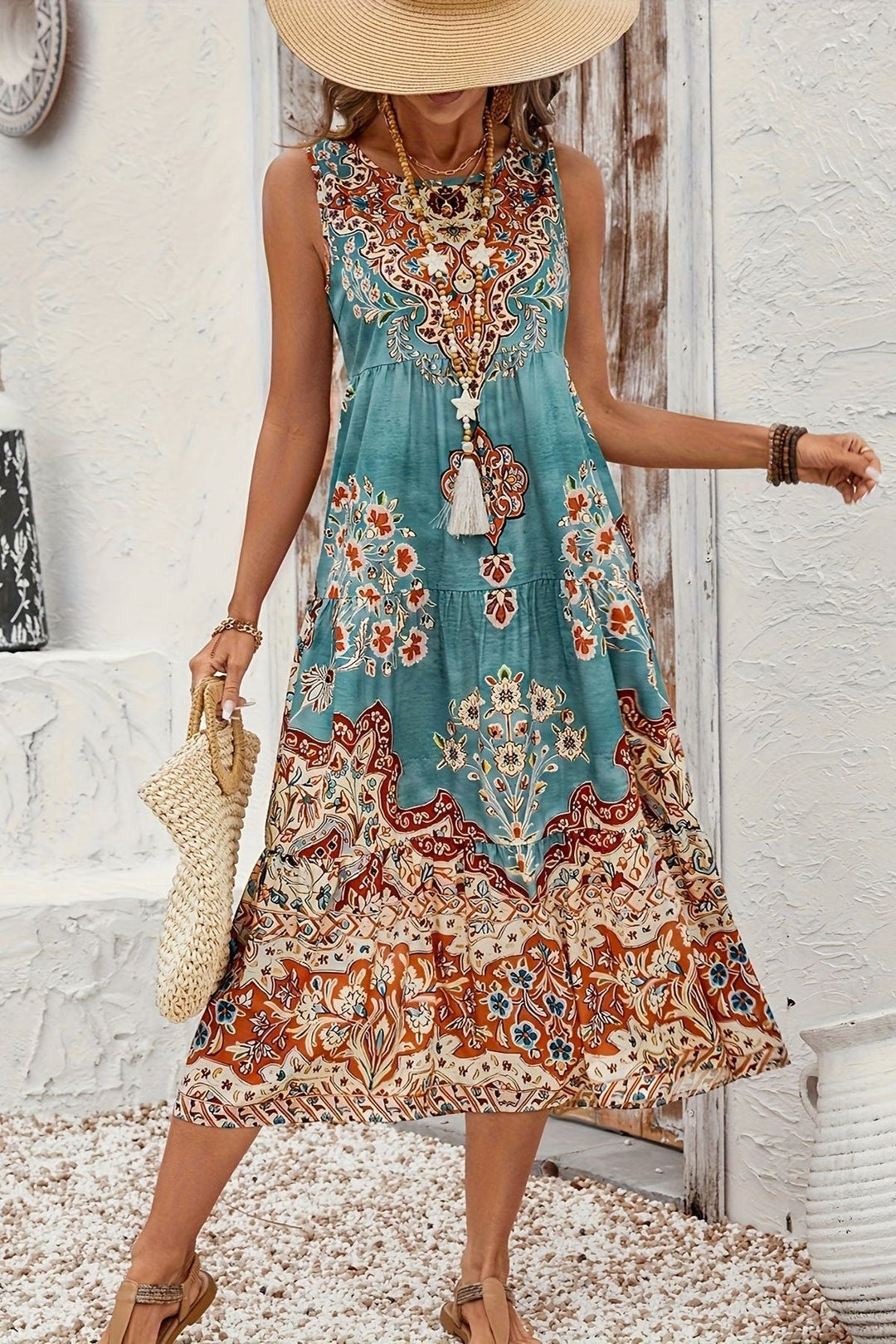 Chic women's printed midi dress, featuring a flowy A-line cut and versatile design for any event.