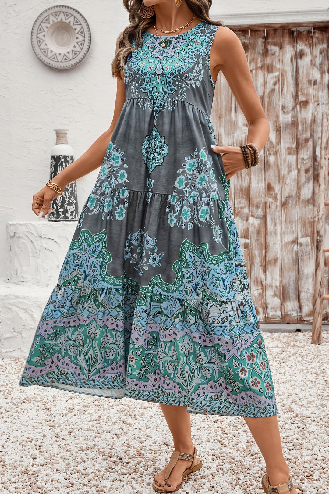 Comfortable women's printed midi dress, a chic and flowy A-line style perfect for elegant daytime events.
