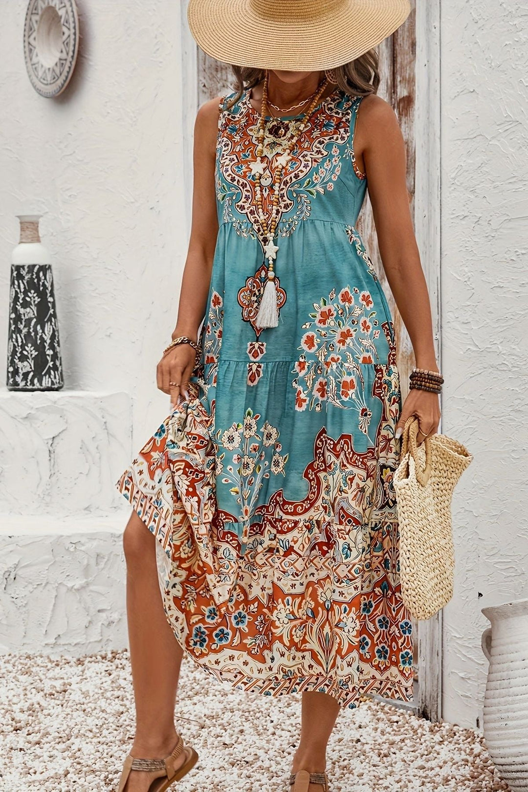 Flowy A-line printed midi dress for women, offering a flattering fit and elegant summer style.