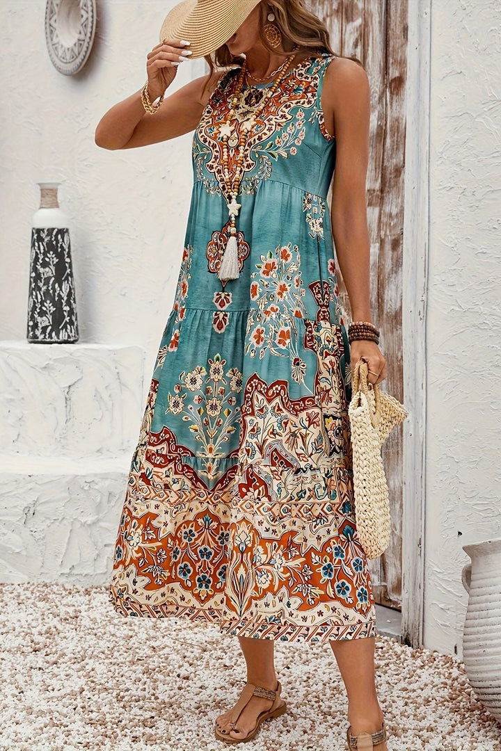 Casual yet elegant women's printed midi dress, comfortable with a flattering flowy fit for everyday style.