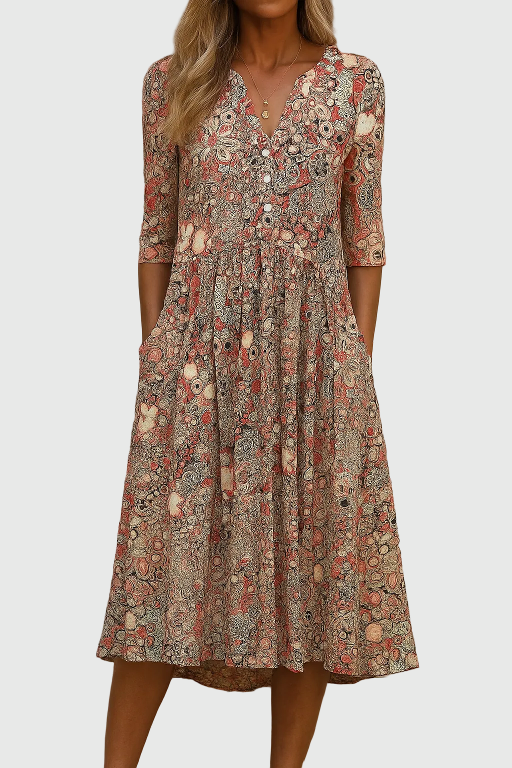 Elegant women's printed midi dress with V-neck, three-quarter sleeves & flowy skirt, perfect for summer/spring fashion.