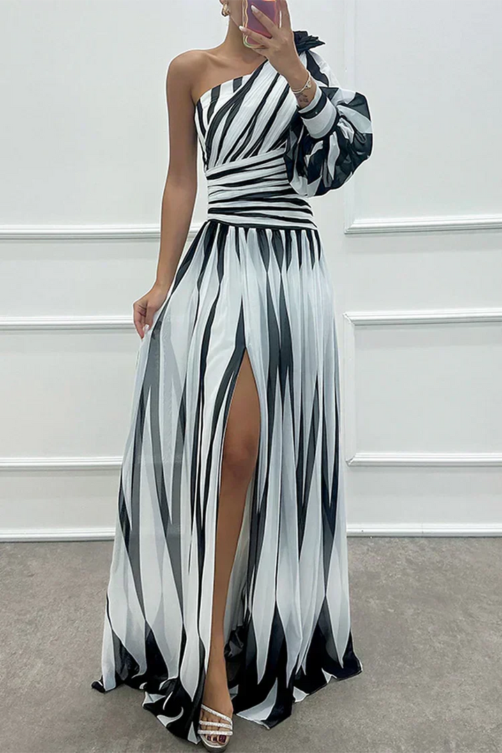 Elegant women's printed one-shoulder maxi dress for wedding guests, featuring a high slit & ruched details.
