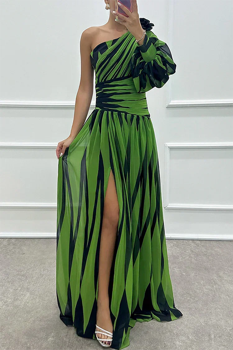 Stylish printed one-shoulder maxi gown, perfect formal wear for wedding guests or special occasions.
