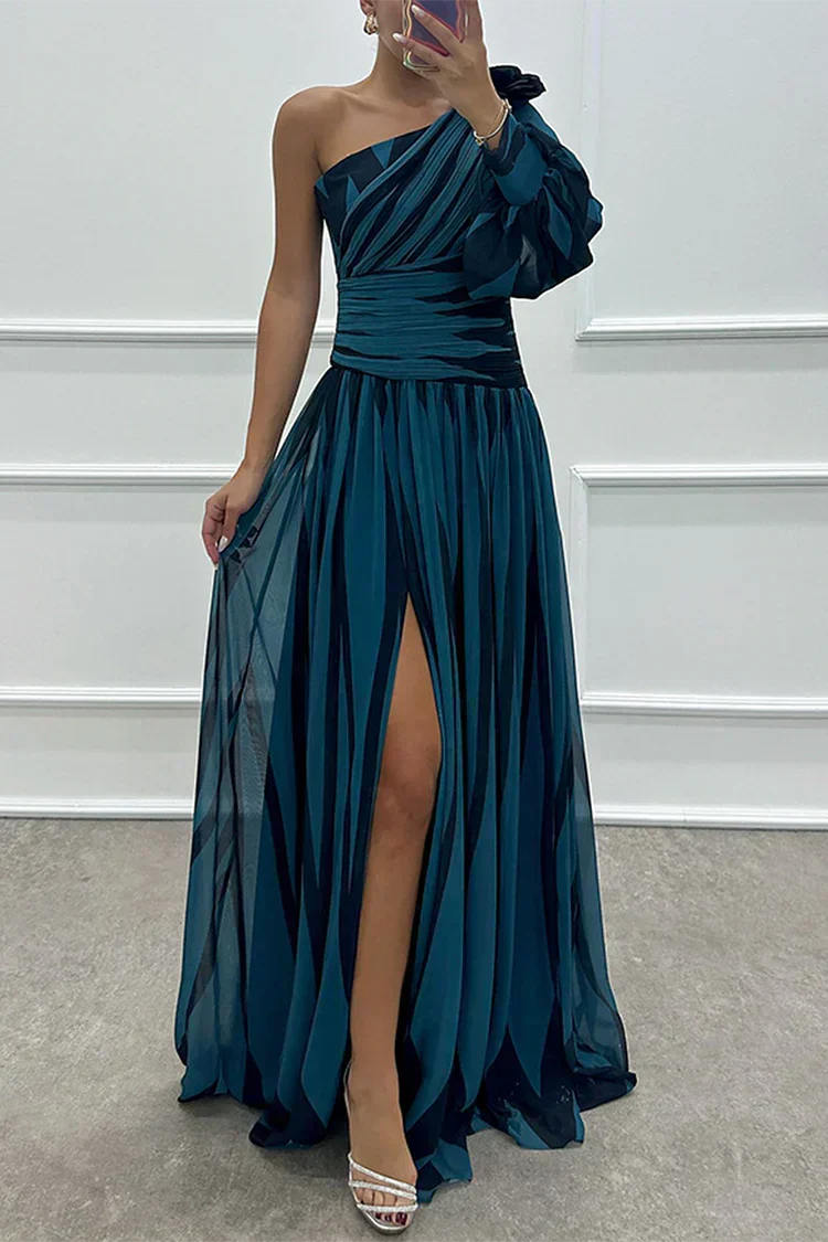 Long elegant women's maxi dress; printed one-shoulder design, ideal evening wear for formal events.