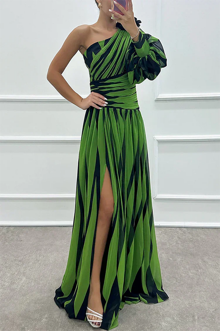 Printed one-shoulder long dress with a high slit, ruched detail, an elegant choice for any special occasion.
