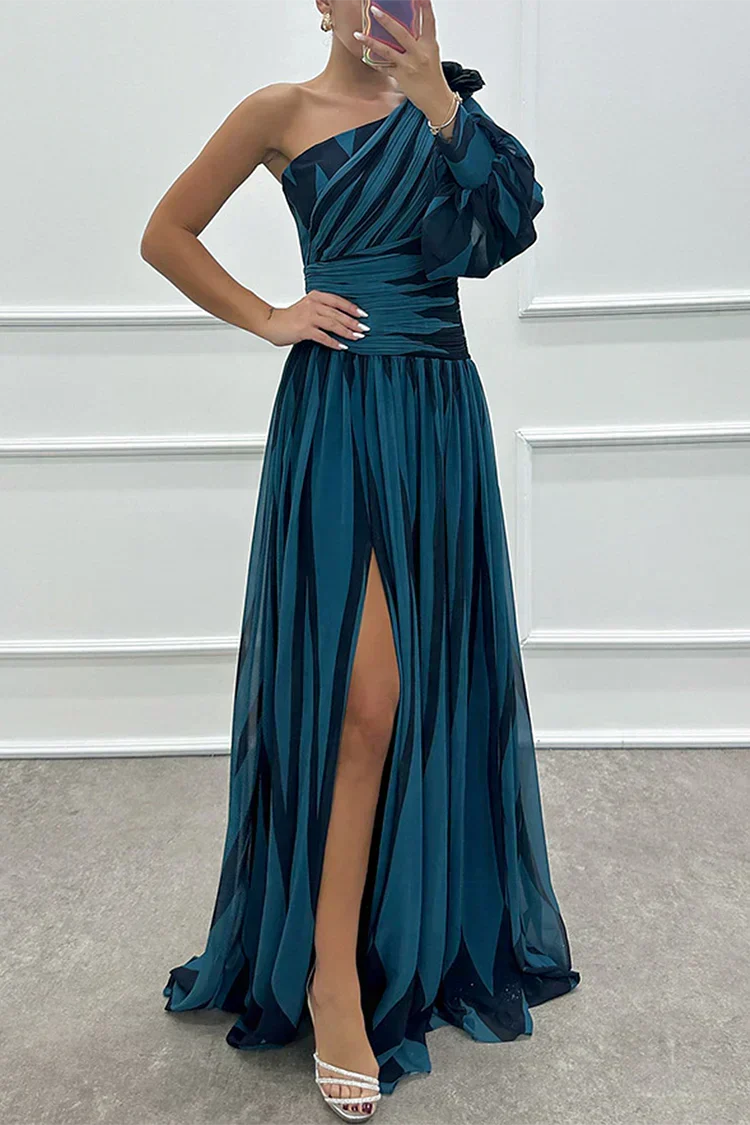 Women's printed one-shoulder maxi wedding guest dress, an elegant long gown for formal events.
