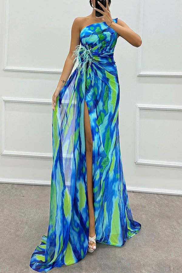 Elegant women's printed one-shoulder maxi dress, perfect for a wedding guest or special occasion.