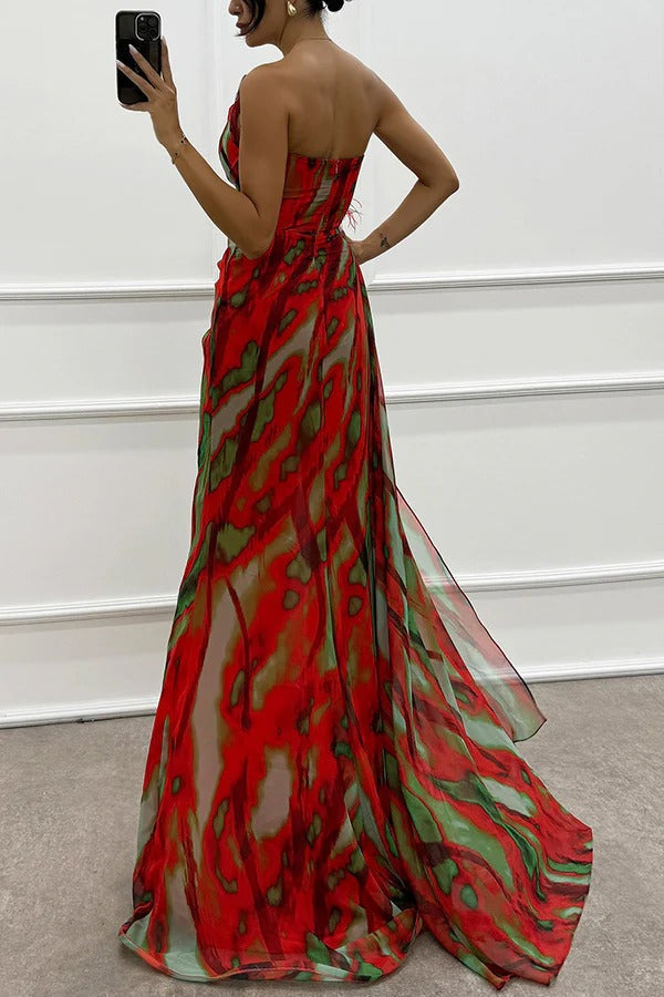 Elegant women's printed one-shoulder maxi dress for formal events and special occasions.