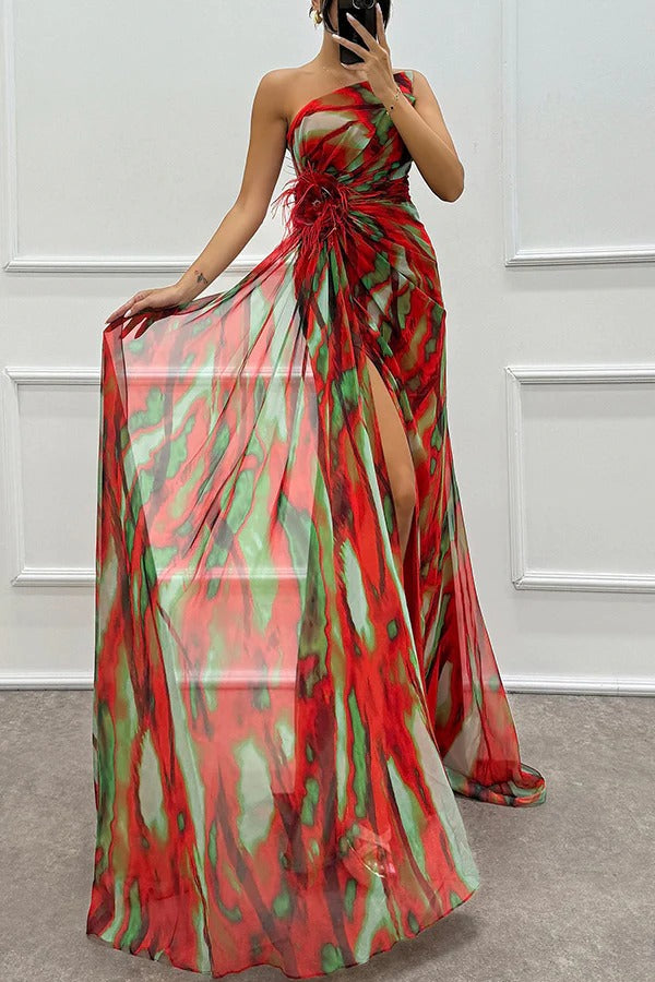 Chic one-shoulder printed maxi dress, a stylish long dress for wedding guests or parties.