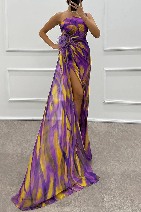 Women's formal one-shoulder maxi dress with elegant print, perfect as a wedding guest gown.