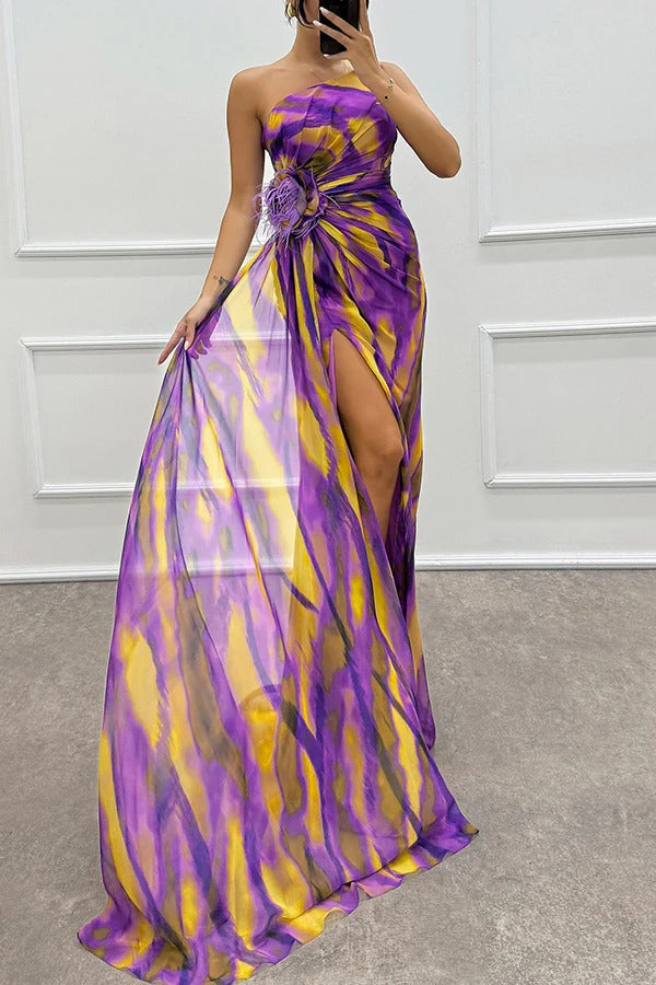 Chic printed one-shoulder evening gown, a long special occasion dress for women.