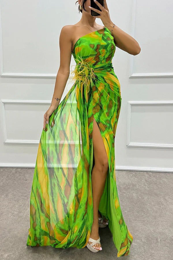 Elegant blue printed maxi dress, one-shoulder style, perfect formal wear for events.