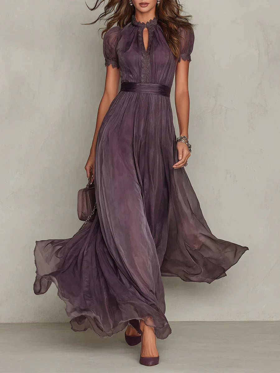Chic women's floral print pleated maxi dress with long sleeves in purple, ideal for evening parties & formal wear.