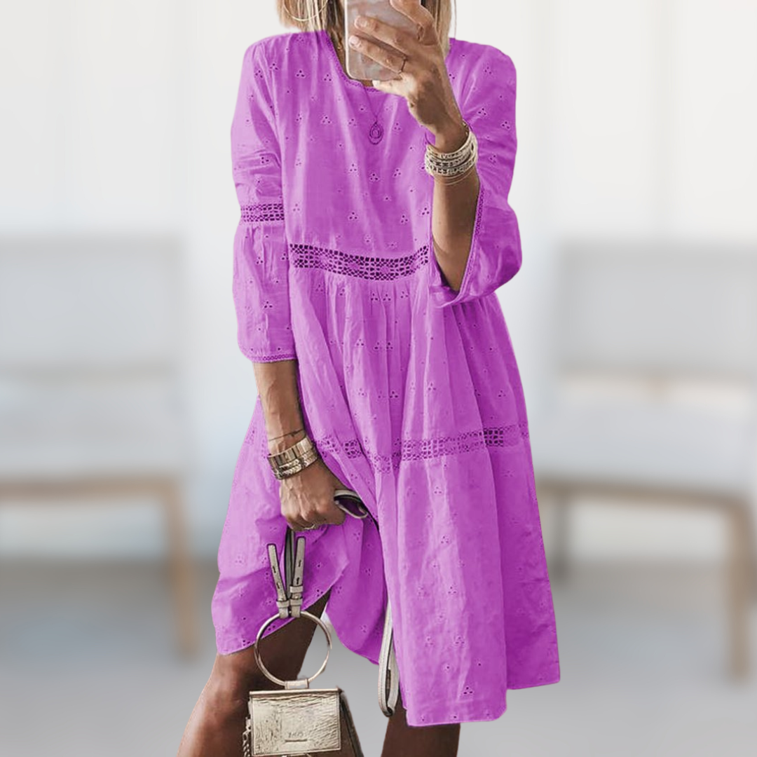 Comfortable women's blue elegant summer dress with a round neck, ideal for casual wear or vacation sundress.
