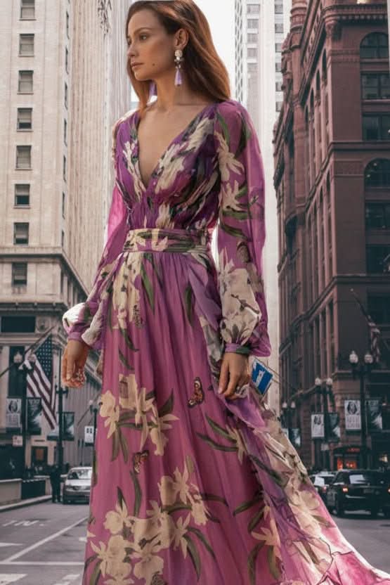 Elegant women's radiant purple V-neck maxi dress, perfect for evening wear, parties, or summer events.