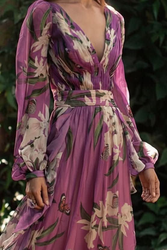 Flowing radiant purple V-neck maxi dress for women, ideal as an elegant evening or summer party dress.
