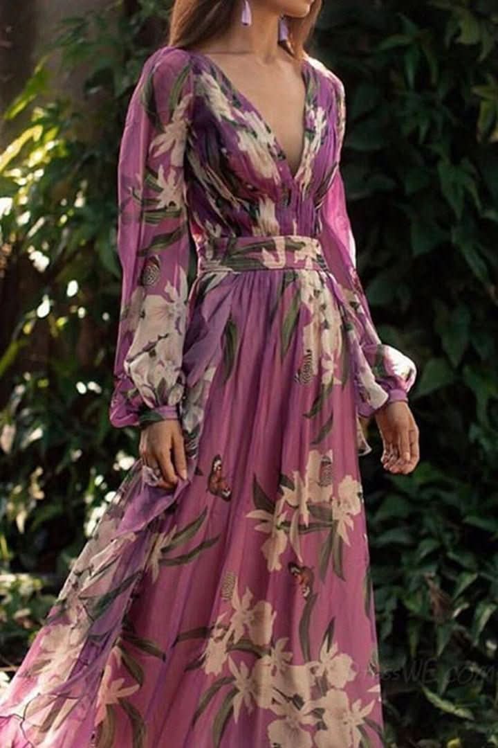 Radiant purple V-neck maxi dress, a stylish and elegant long formal or party dress for women.