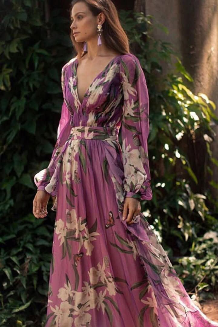 Women's radiant purple V-neck maxi dress, an elegant long dress suitable for formal events & summer parties.