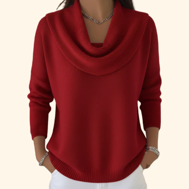 Elegant women's red cowl neck sweater with draped collar, long sleeves, and hi-lo hem for cozy winter fashion.