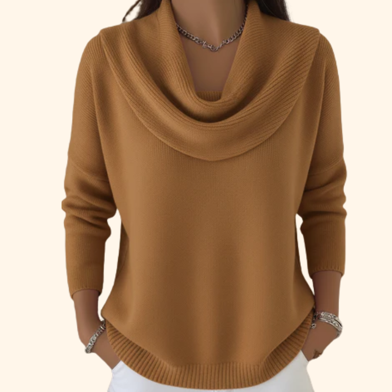 Cozy brown women's cowl neck sweater, elegant draped collar jumper, perfect for versatile fall and everyday wear.
