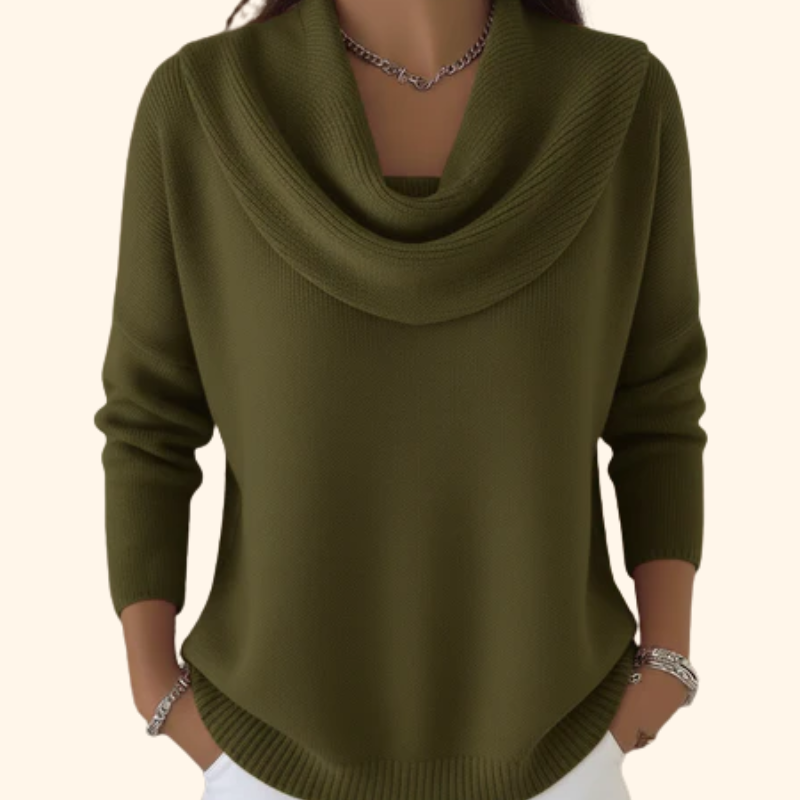Stylish green women's long sleeve cowl neck sweater featuring an elegant draped collar for ultimate fall comfort.
