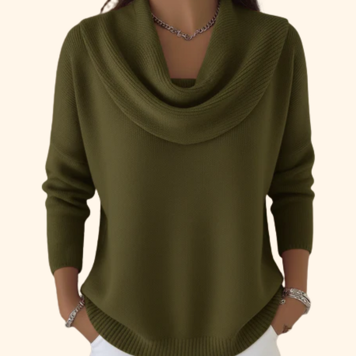 Stylish green women's long sleeve cowl neck sweater featuring an elegant draped collar for ultimate fall comfort.